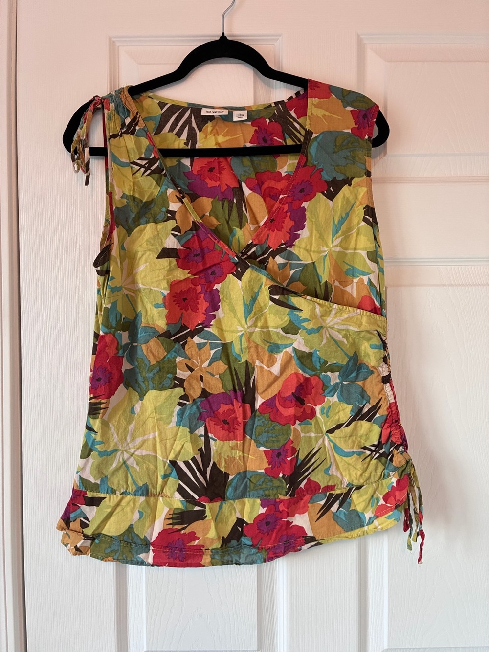 Cato Lime Green Floral Sleeveless Wrap Tank with Red Accents